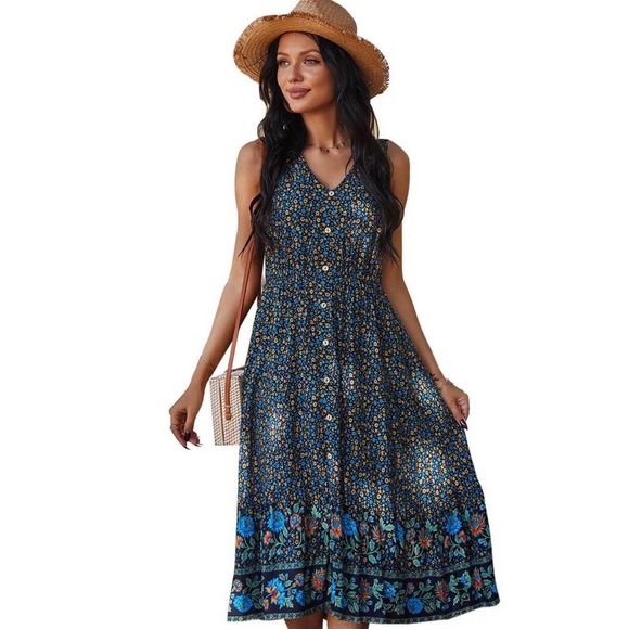 Boho Dress | Floral Print Dress | Bohemian V neck Dress | Beach Sun Dress - Picture 1 of 10